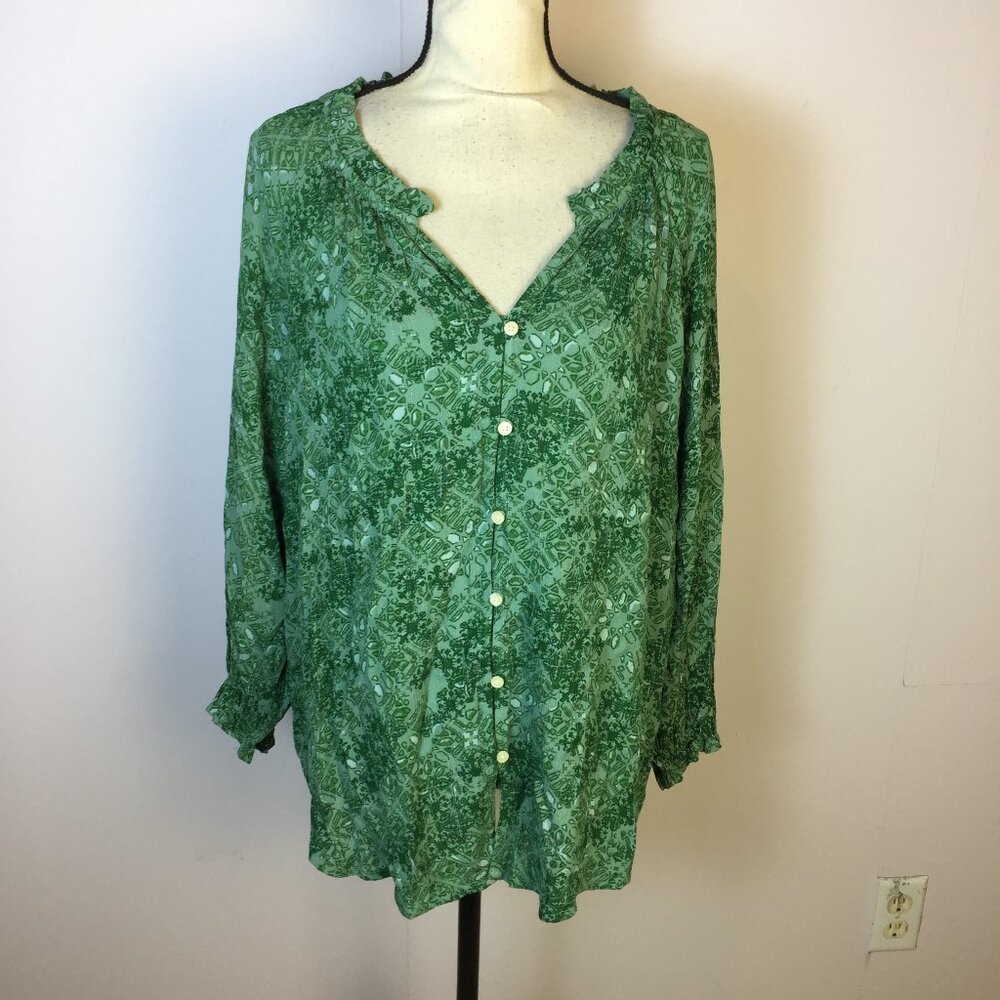 Style & Co Blouse Top 1X Womans Plus Green Metallic Floral V-neck Button Front